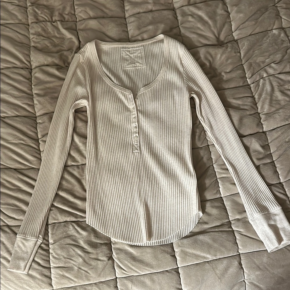 Aerie Cream Ribbed Long Sleeve Polo Top